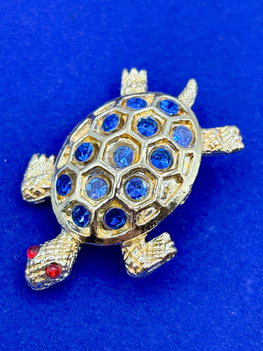 Vintage Blue Rhinestone & Gold Tone Turtle Brooch