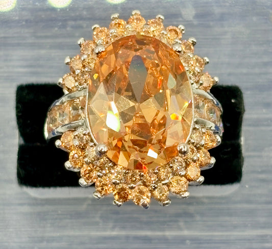 Statement Orange Glass Silver Tone Costume Ring