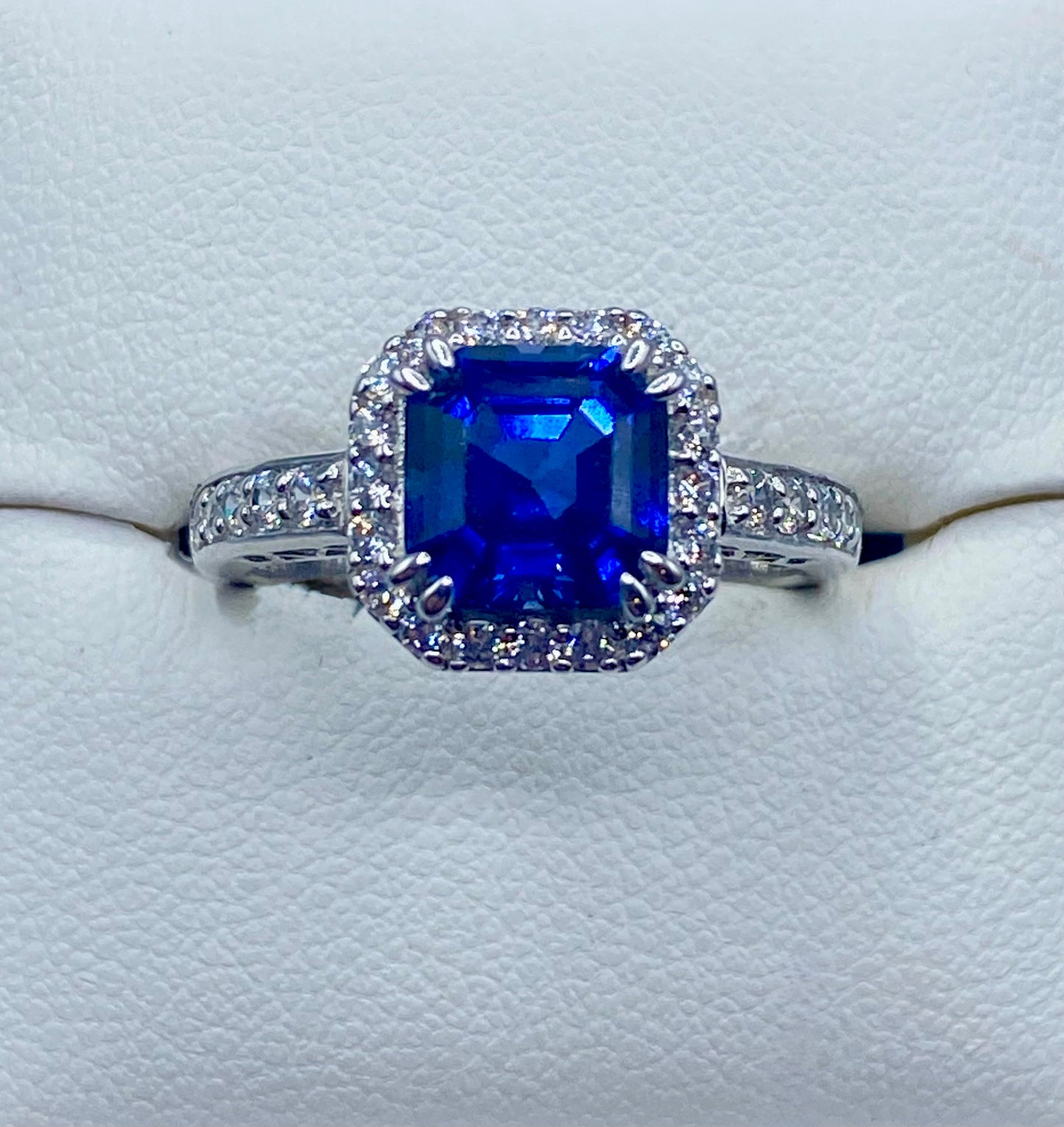 Sterling Silver Dark Blue Square Sapphire & CZ Ring
