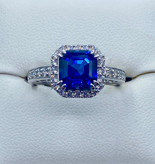 Sterling Silver Dark Blue Square Sapphire & CZ Ring