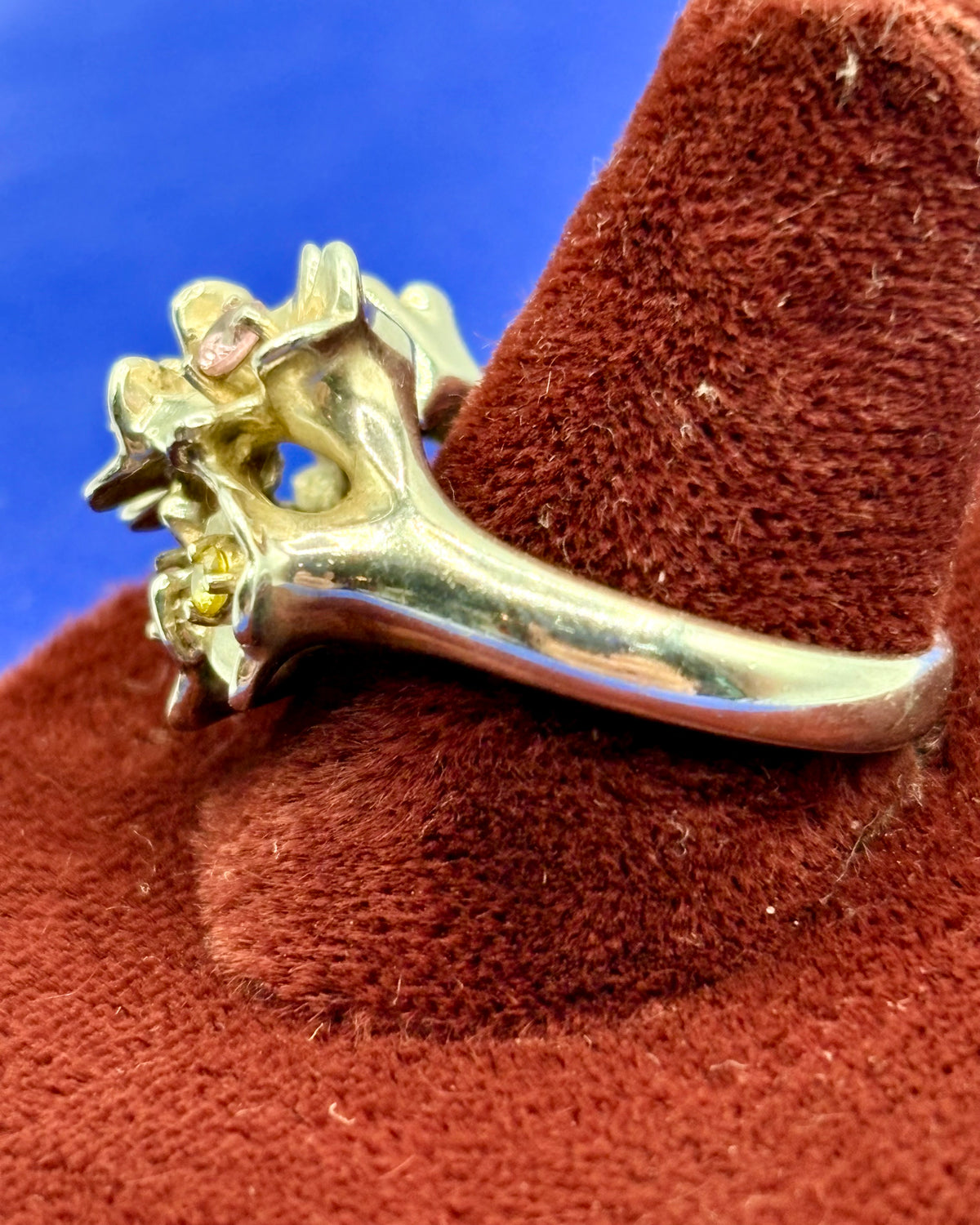 Vintage DQ Sterling Silver CZ Pink & Yellow Floral Ring