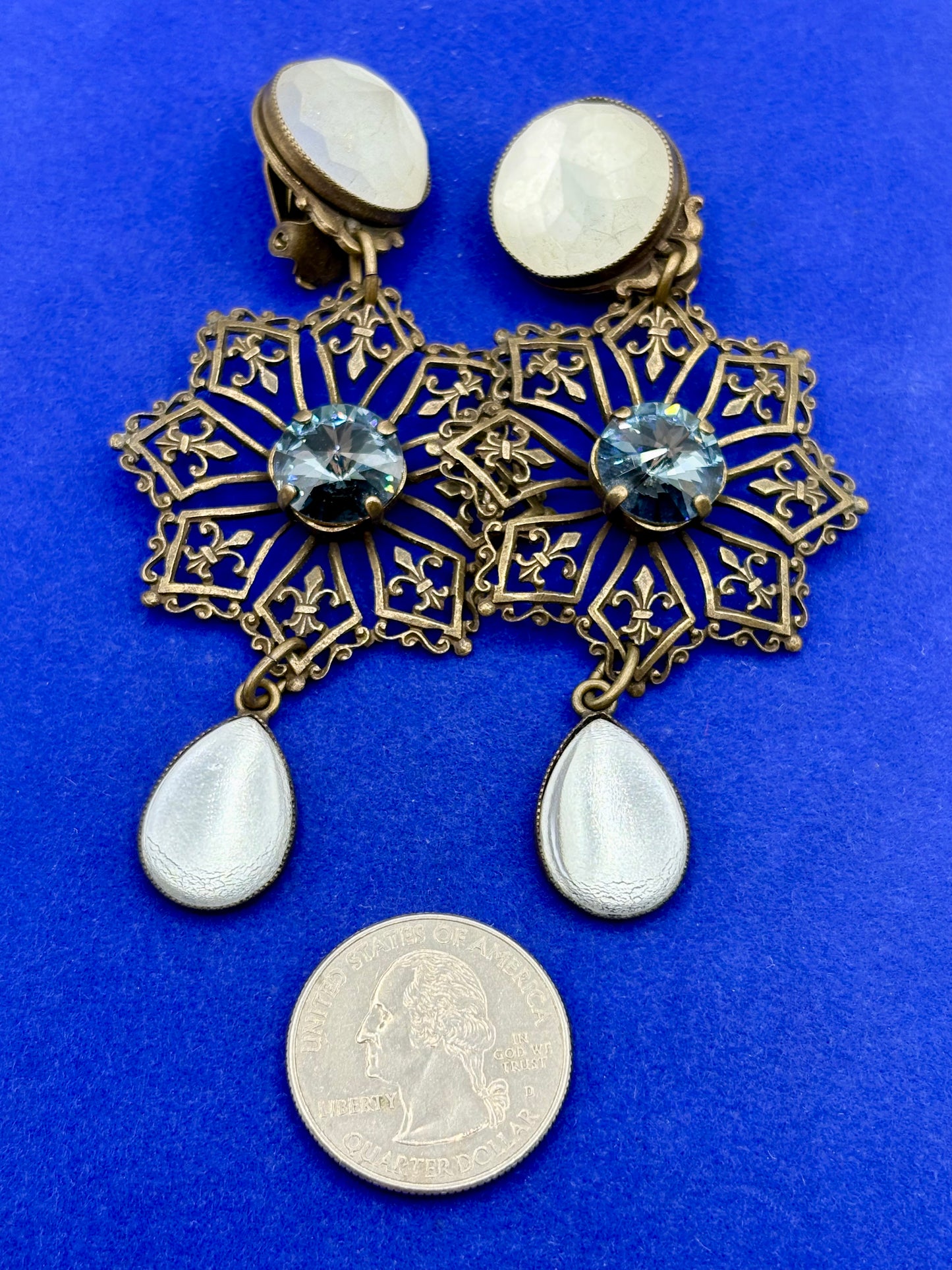Vintage JL Blin Crystal & Frosted Glass Floral Statement Clip Ons