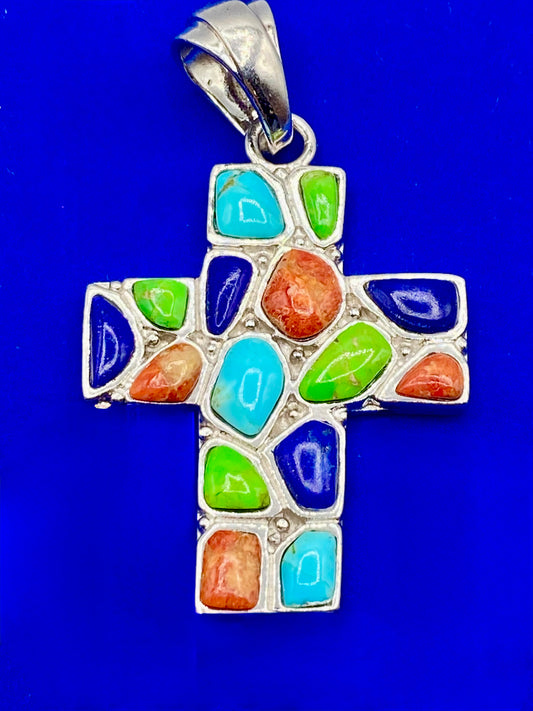 Sterling Silver Multi Gemstone NK Cross Pendant