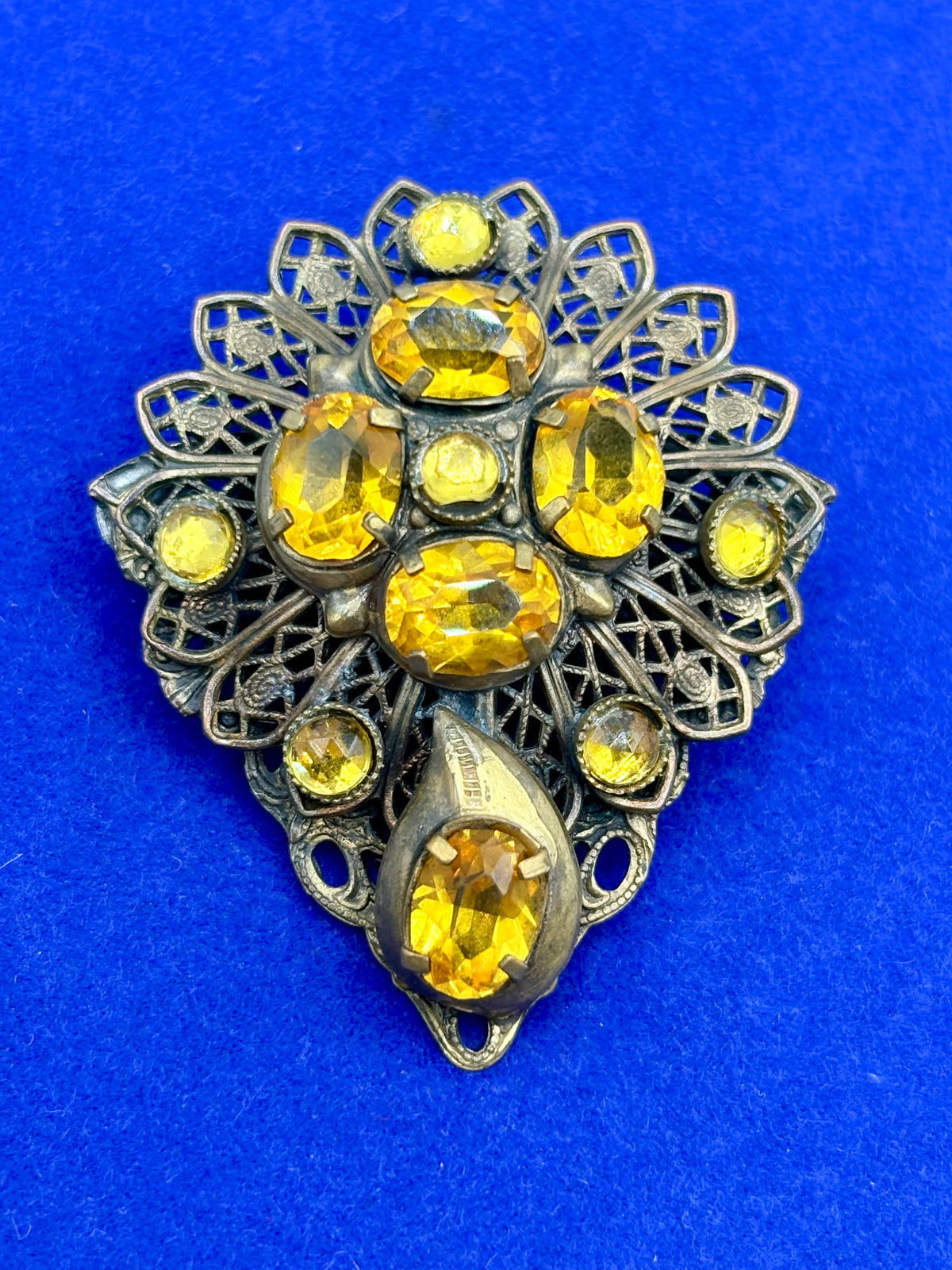 Antique Yellow Glass Filigree Brooch (Glows)