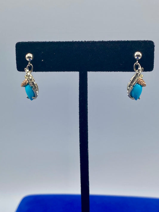 Black Hills Gold Sterling Silver & 12K Turquoise Leaf Dangle Earrings