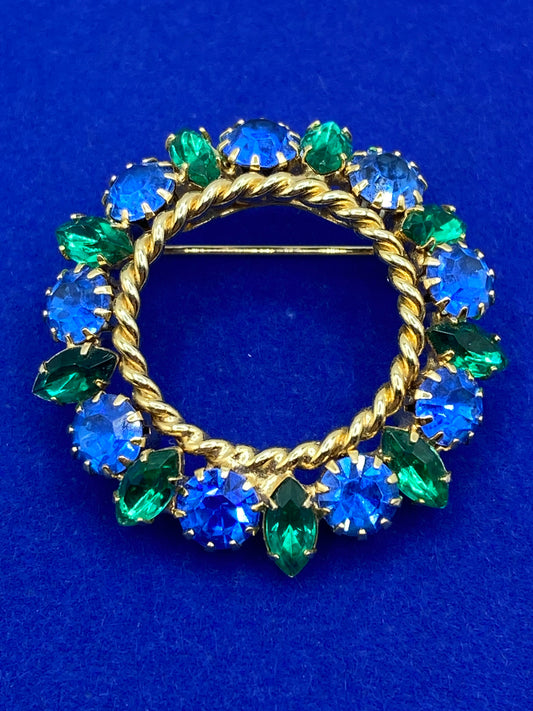 Blue & Green Rhinestone Wreath Brooch
