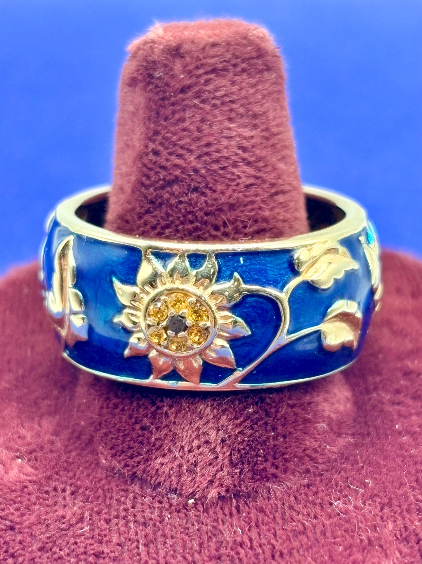 Vermeil Sterling Silver Black Diamond & Orange Swarovski Crystal Enameled Sunflower Ring