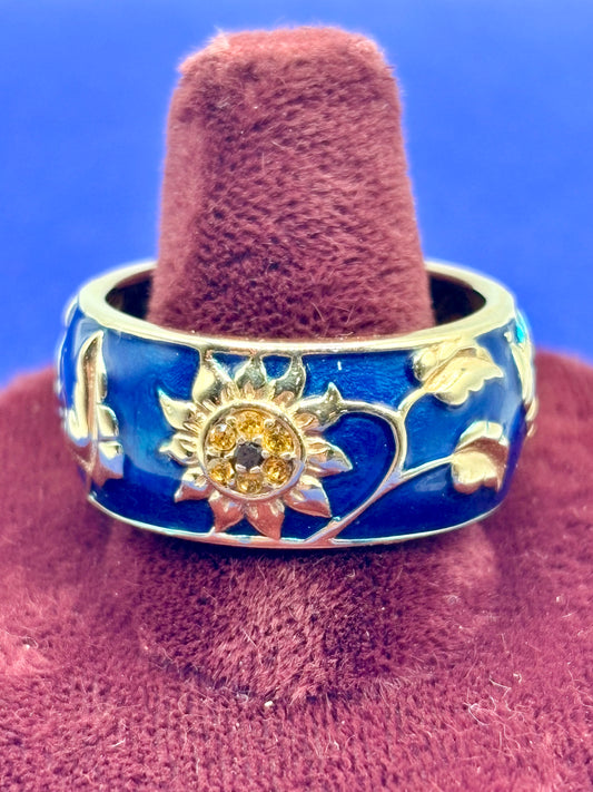 Vermeil Sterling Silver Black Diamond & Orange Swarovski Crystal Enameled Sunflower Ring