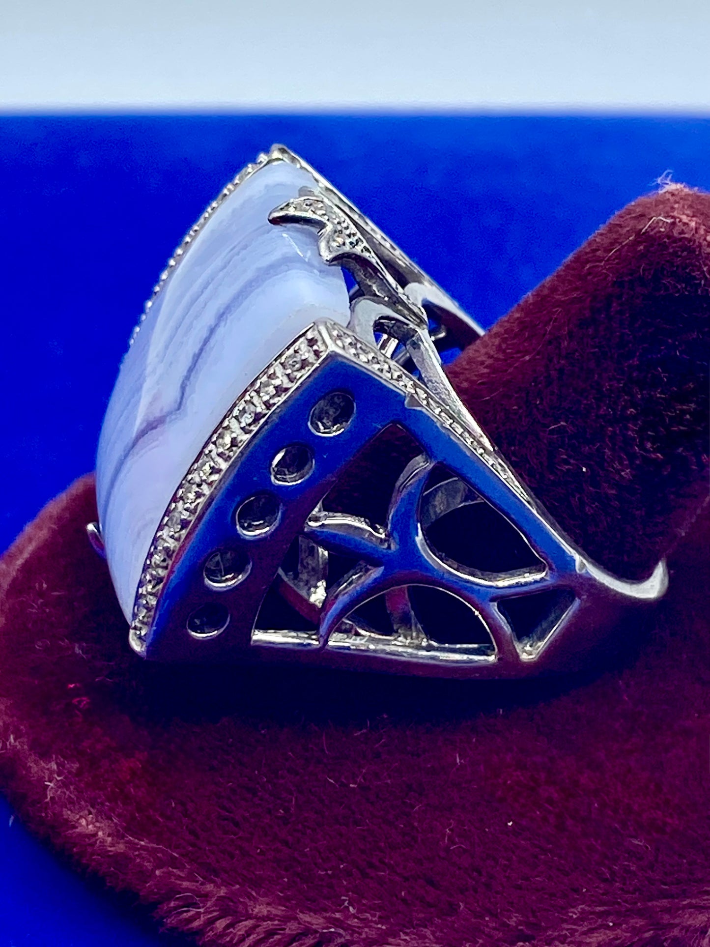 Sterling Silver Blue Lace Agate & Diamond Accent Ring