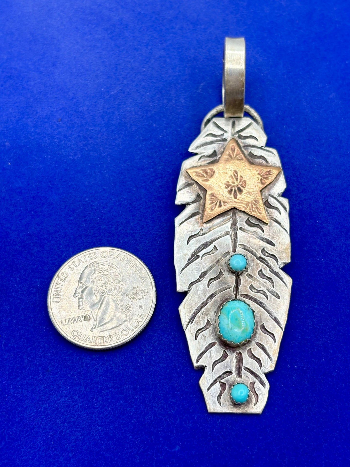 Sterling Silver Southwestern Turquoise & Copper Star Feather Pendant