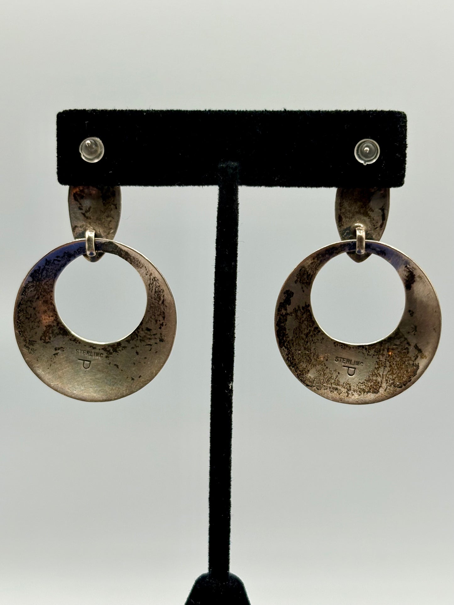 Sterling Silver Native “P” Black Onyx Pierced Earrings