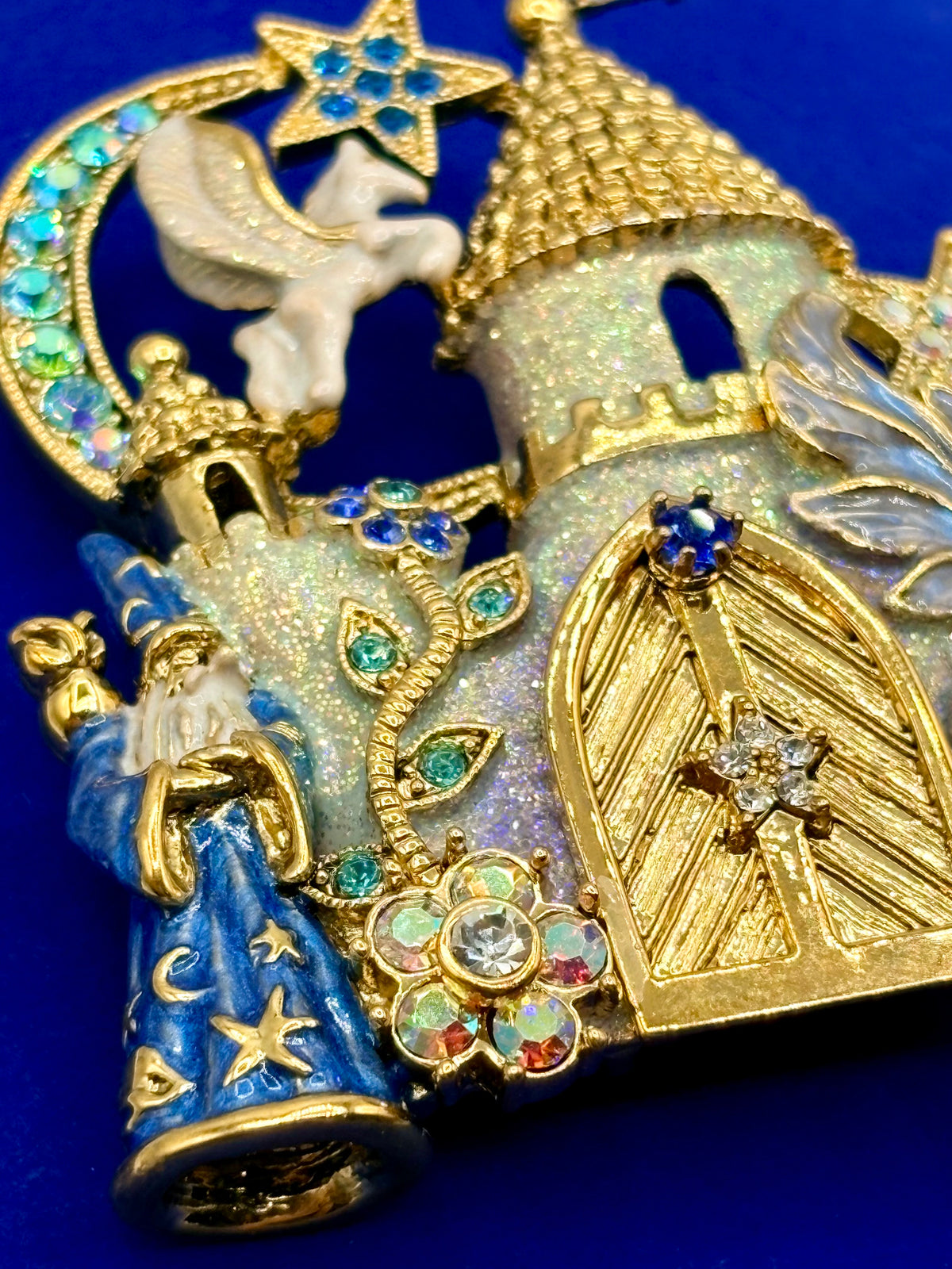 Vintage Kirks Folly Gold Tone Glitter Wizard Castle Brooch