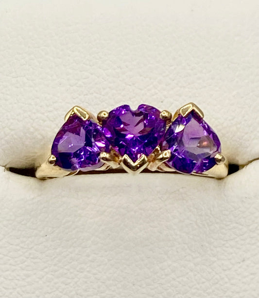 14K Gold Triple Amethyst Heart Ring