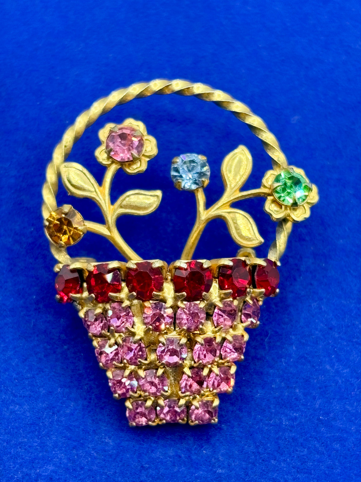 Vintage Rhinestone Flower Basket Brooch w/ Uranium Glass Stone