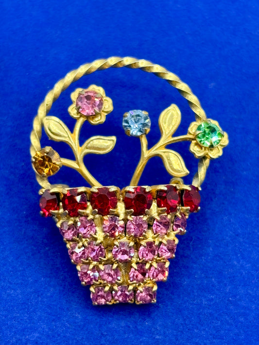 Vintage Rhinestone Flower Basket Brooch w/ Uranium Glass Stone