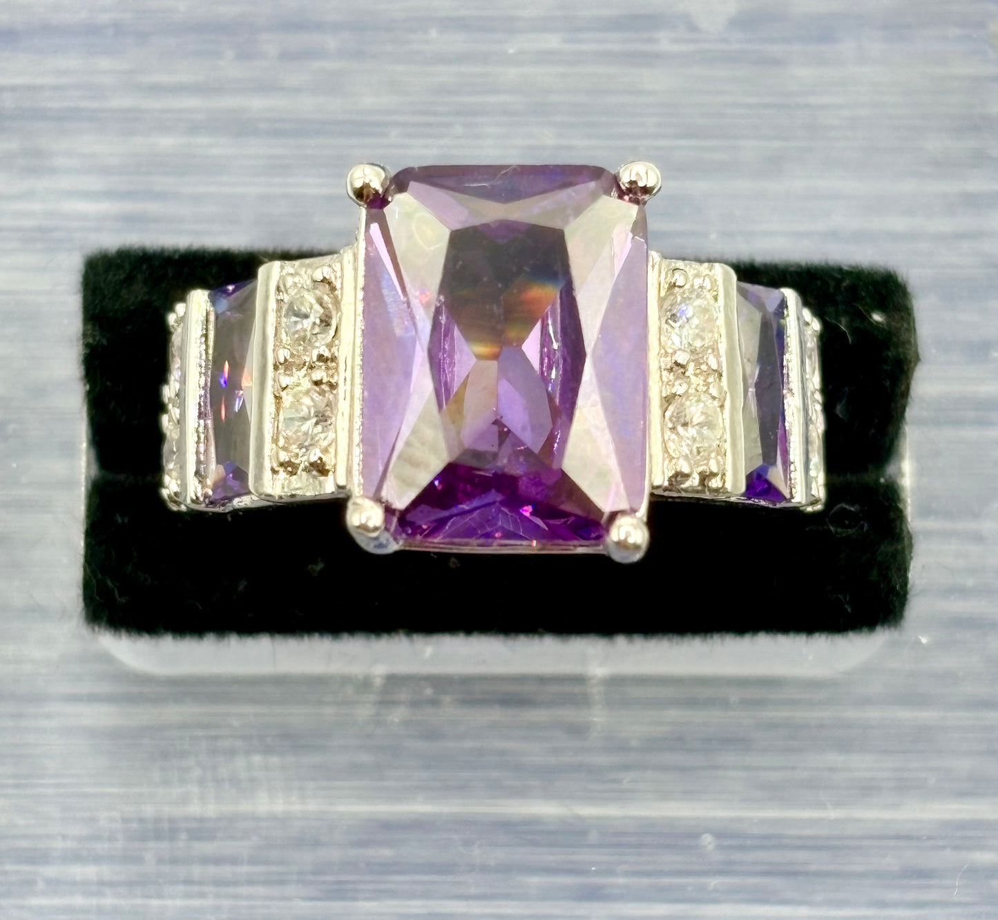Purple & Clear Glass Silver Tone Costume Ring