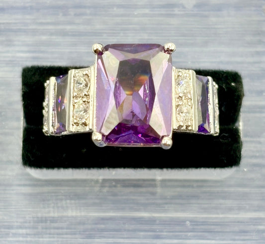 Purple & Clear Glass Silver Tone Costume Ring
