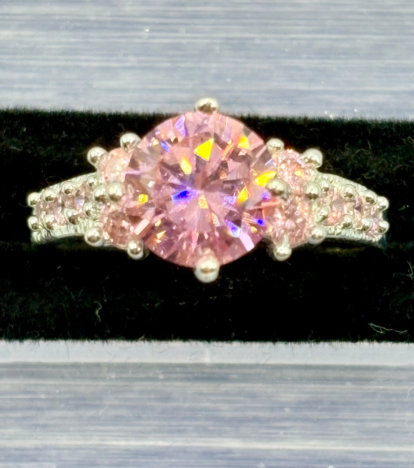 Pink Glass Silver Tone Costume Ring