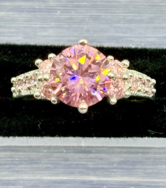 Pink Glass Silver Tone Costume Ring