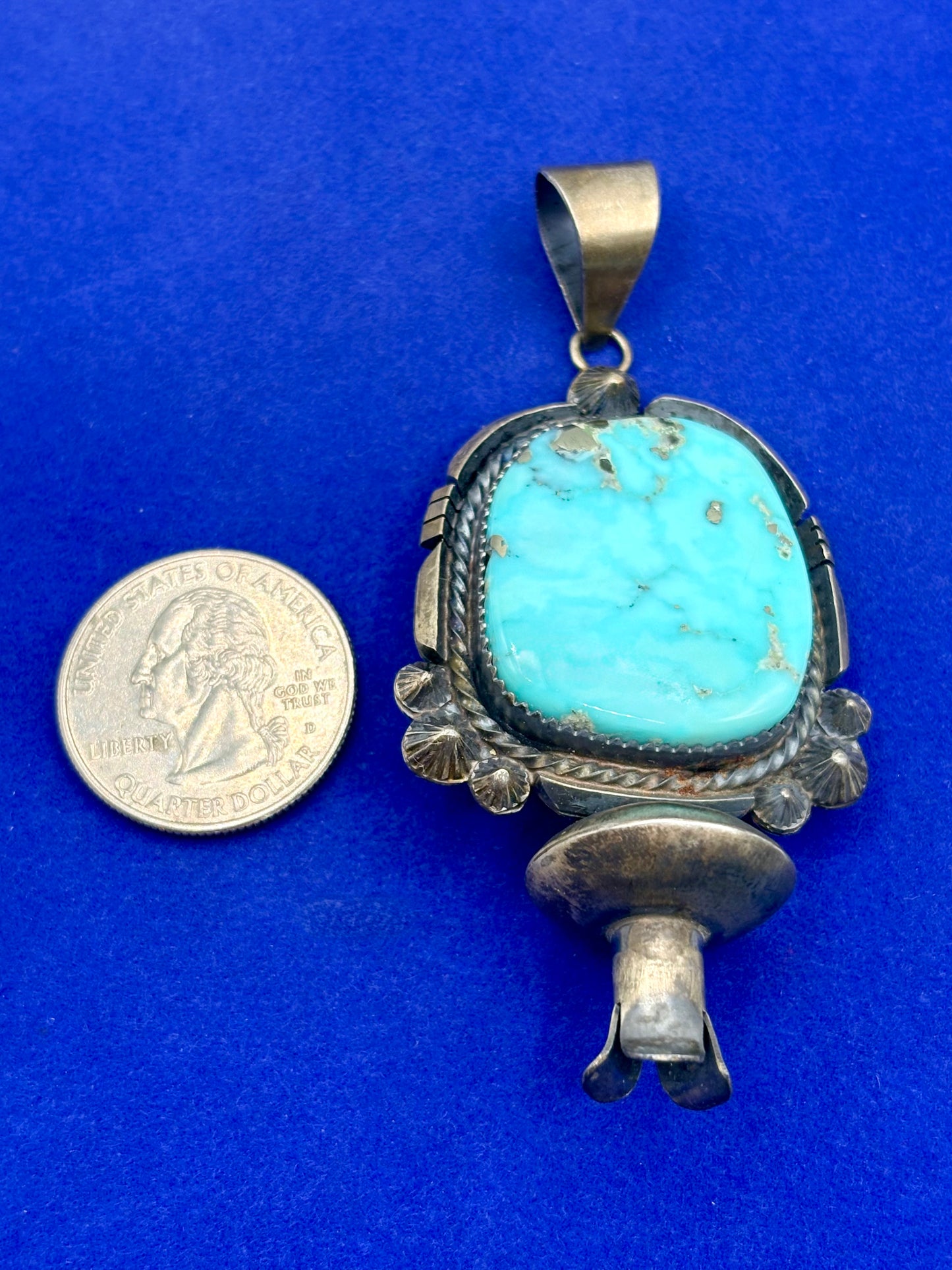 Sterling Silver Native Turquoise Squash Blossom Pendant