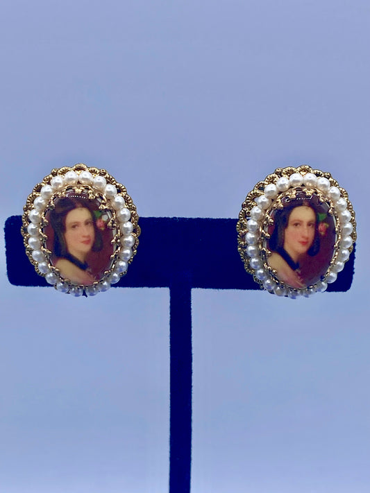 Vintage West Germany Faux Pearl Cameo Clip Ons