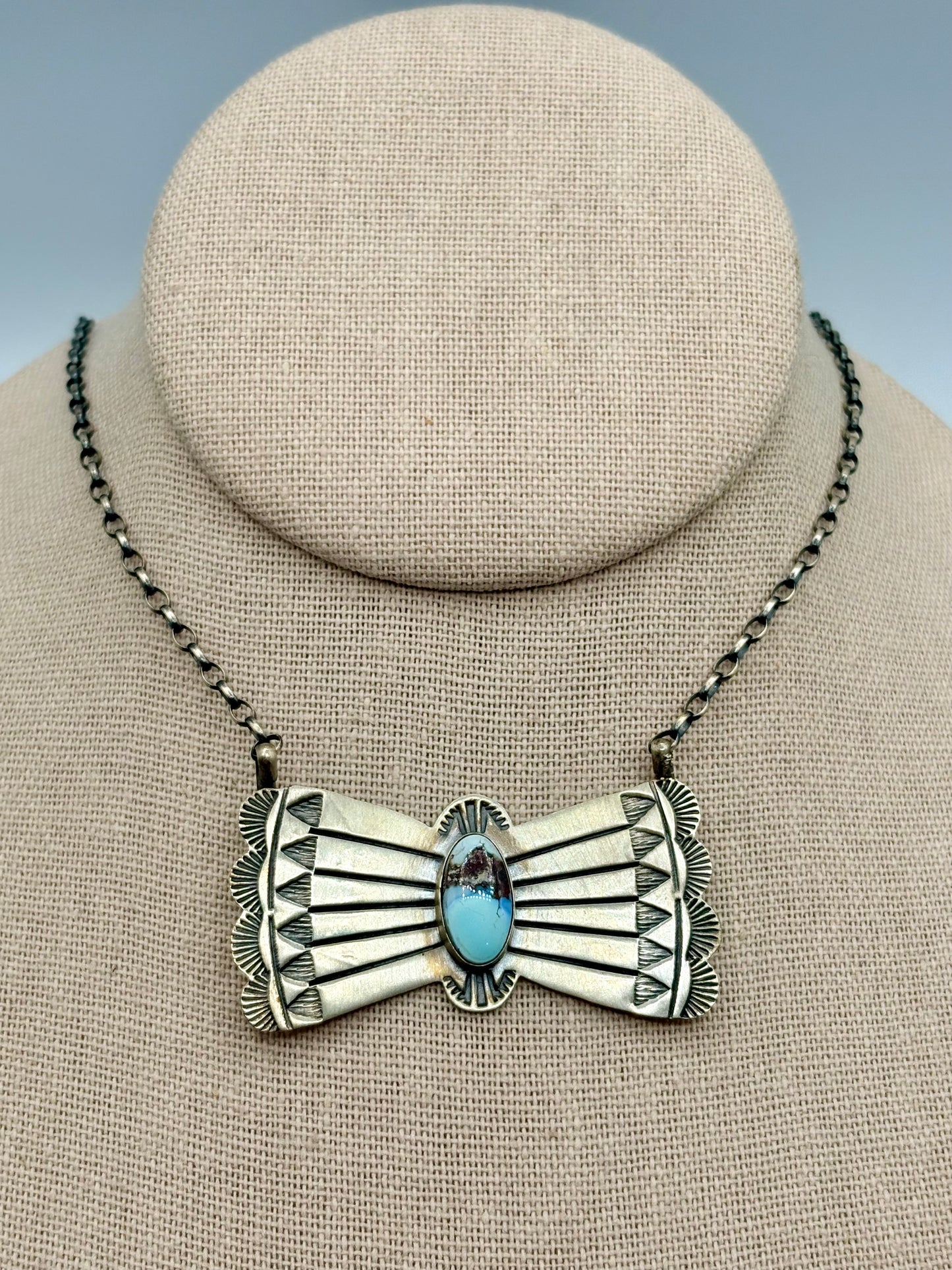 Sterling Silver Native Donovan Skeets Golden Hills Turquoise Bow Tie Necklace