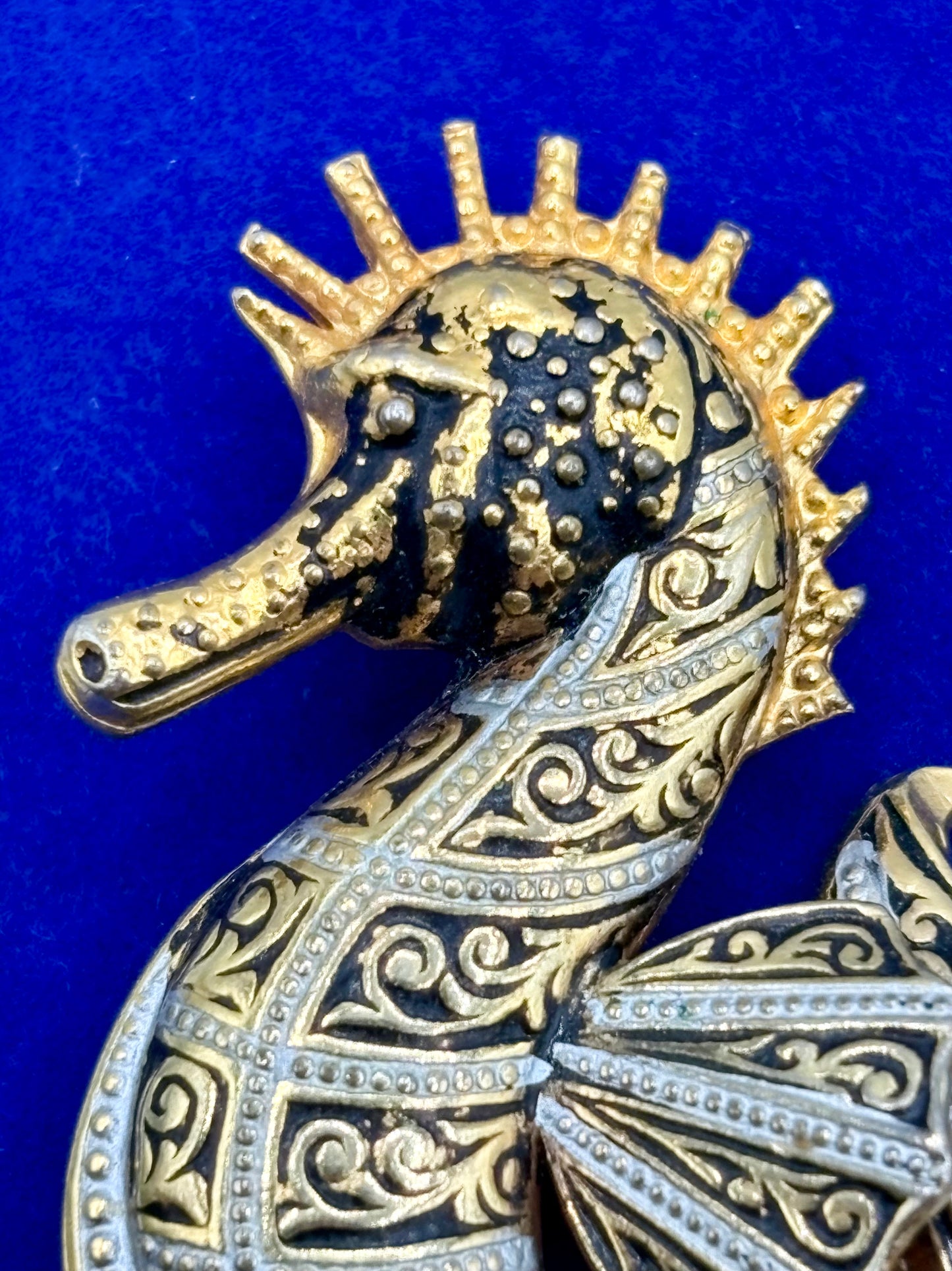 Vintage Damascene & Faux Pearl Seahorse Brooch