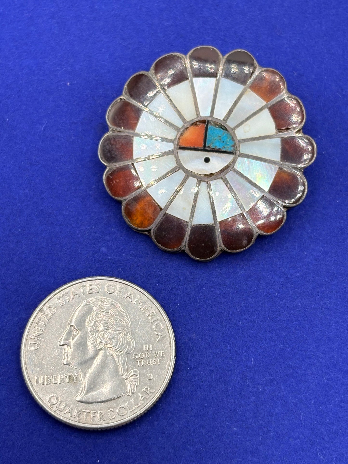 Vintage Native American Zuni Sterling Silver MOP & Turquoise Sun God Brooch