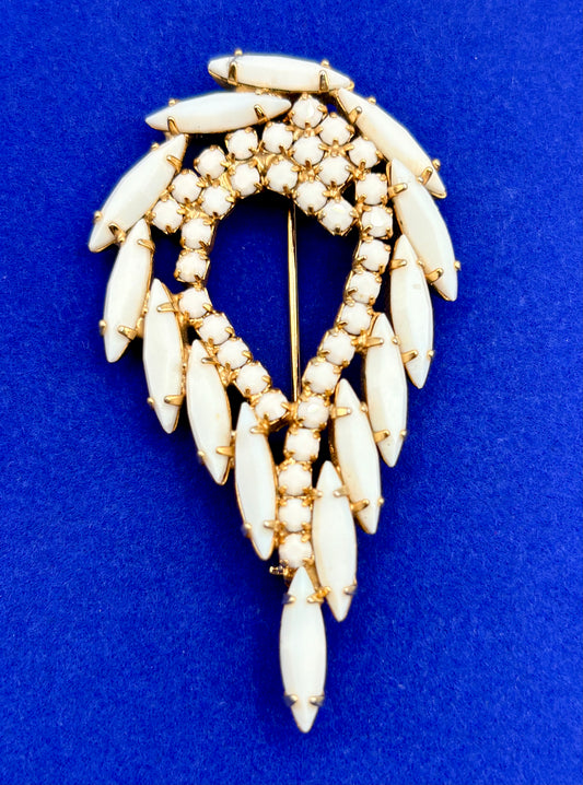 Vintage Prong Set Milk Glass Gold Tone Brooch
