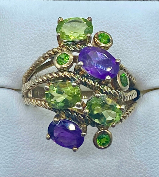 Sterling Silver Amethyst & Peridot Gemstone Cluster Ring