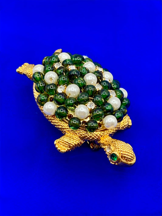 Gold Tone Glass & Pearl Turtle Brooch