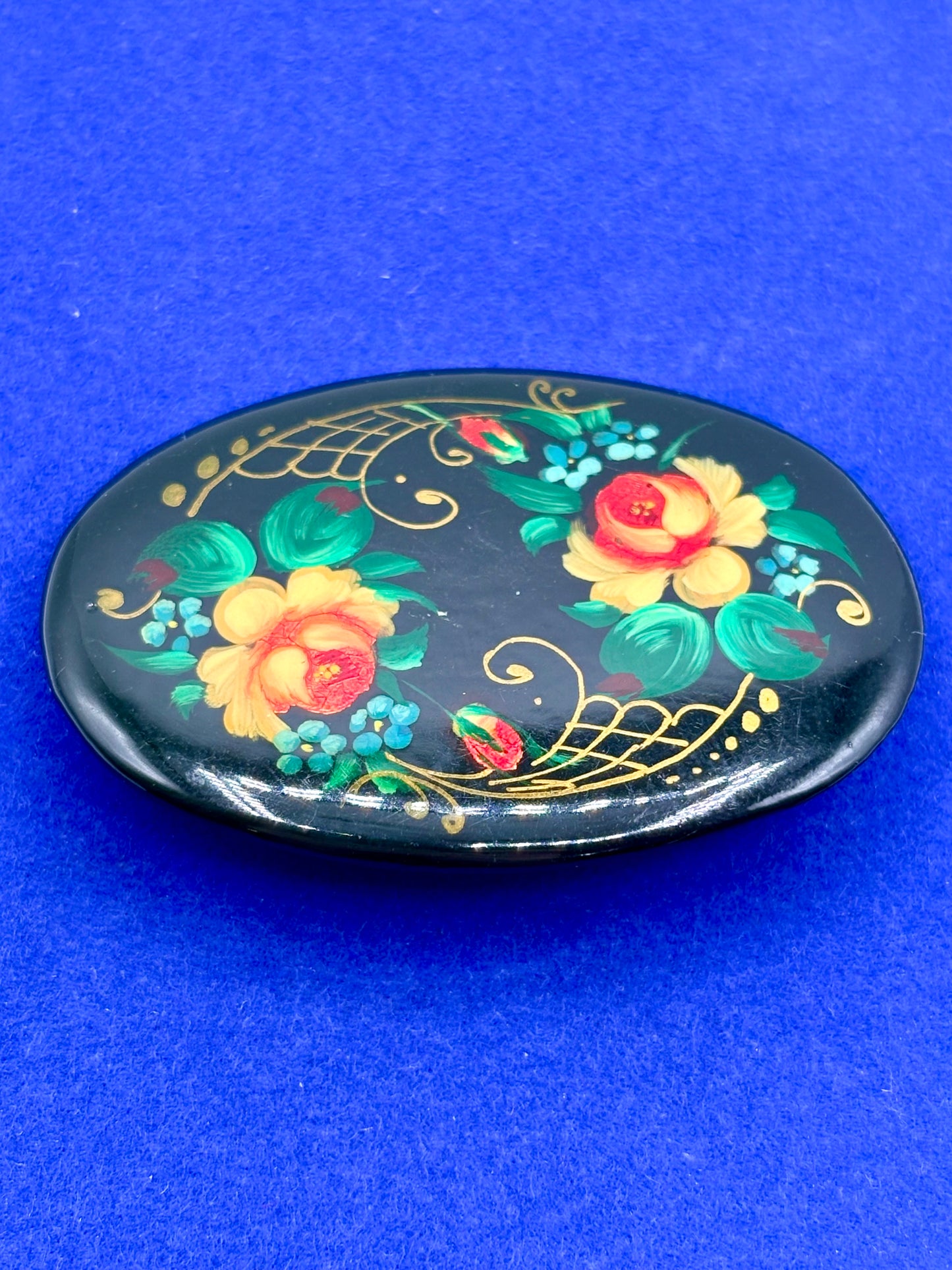 Vintage Hand Painted Floral Russian Lacquer Brooch