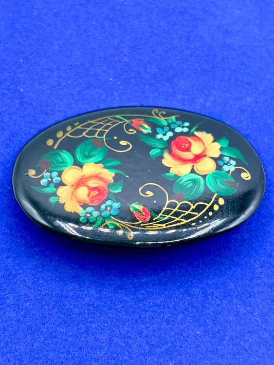 Vintage Hand Painted Floral Russian Lacquer Brooch