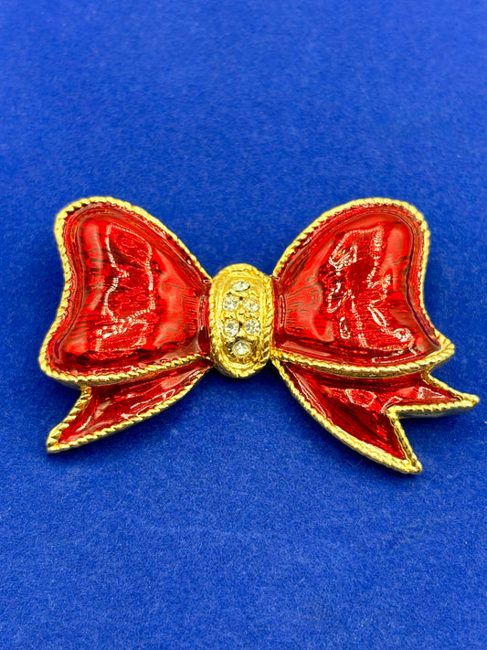 Gold Tone & Red Enameled Bow Tie Brooch