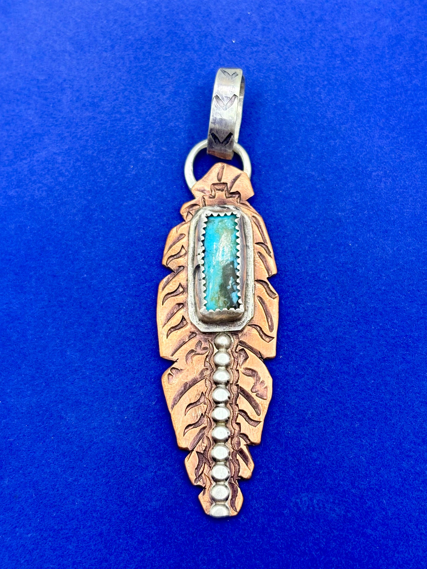 Sterling Silver & Copper Southwestern Turquoise Feather Pendant