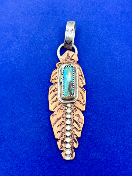 Sterling Silver & Copper Southwestern Turquoise Feather Pendant