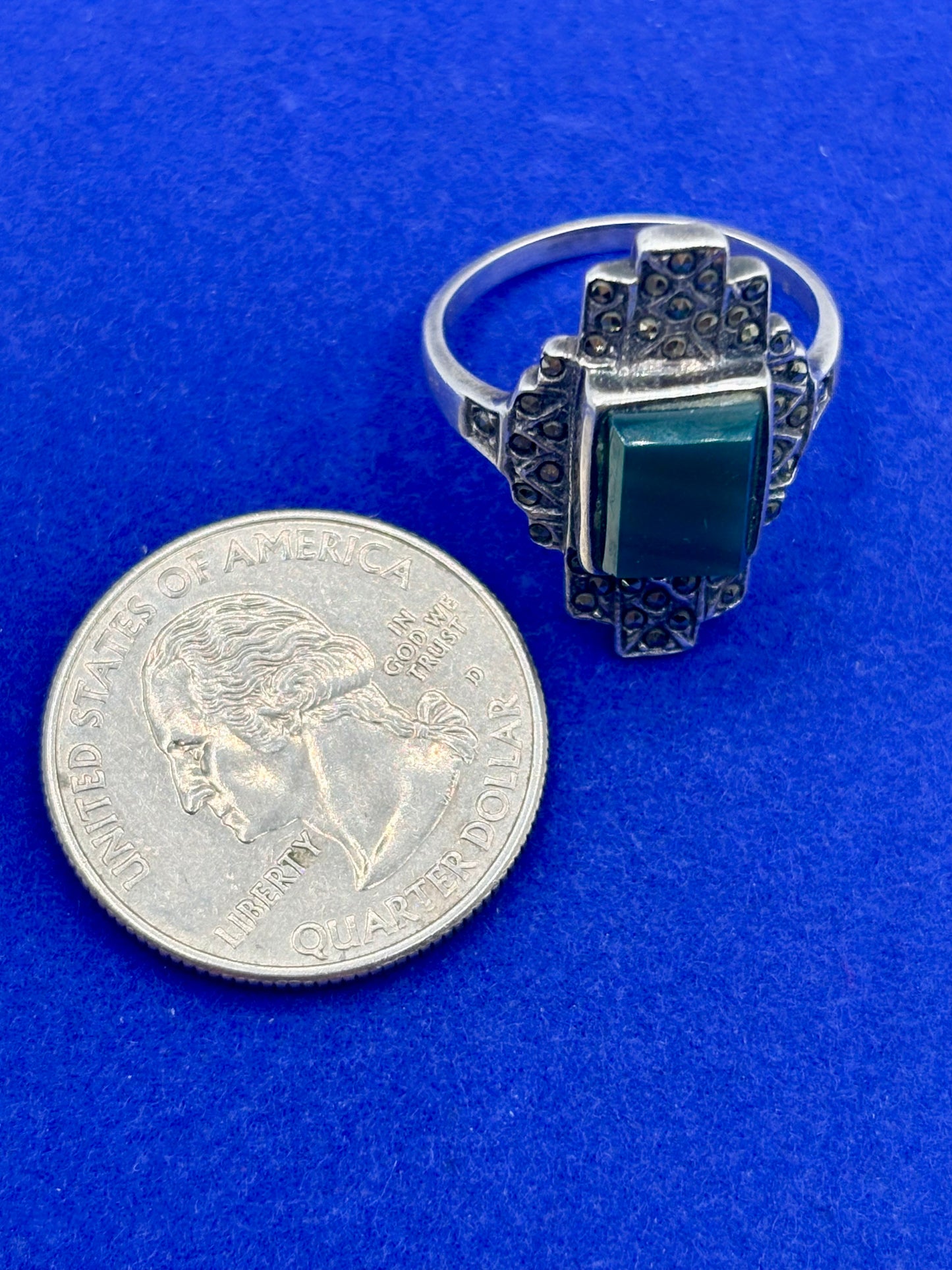 Sterling Silver Green Chrysoprase& Marcasite Ring