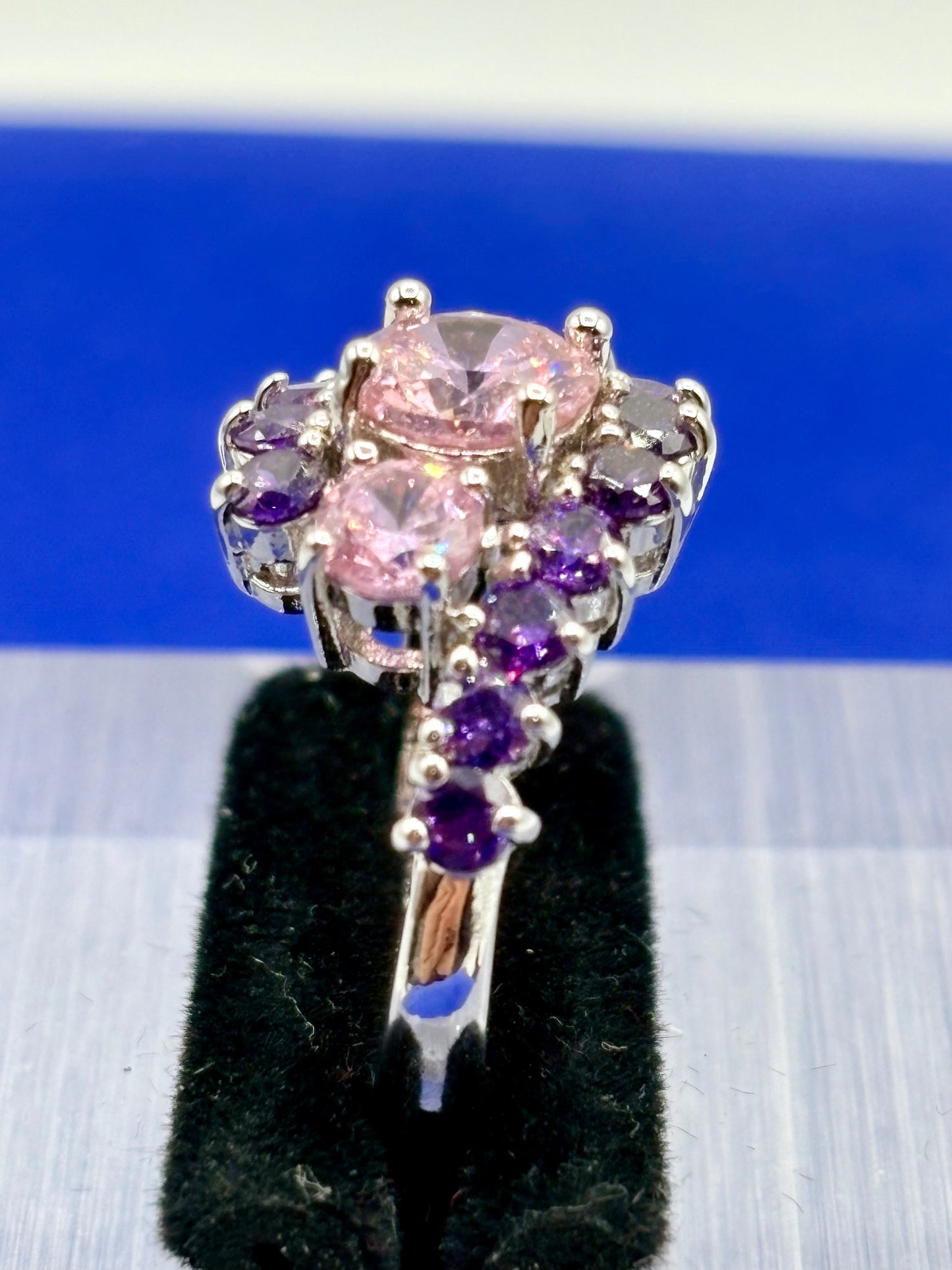 Pink & Purple Glass Silver Tone Costume Ring