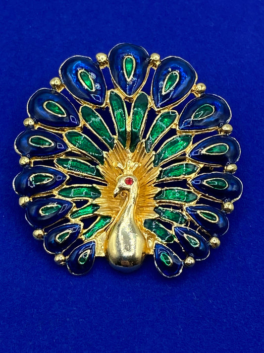 Vintage Blue & Green Enameled Peacock Brooch