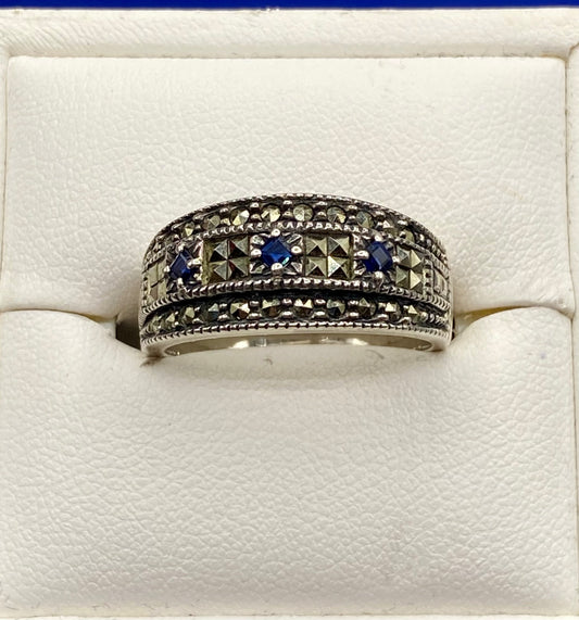 Vintage Sterling Silver Judith Jack Marcasite Stones & Deep Blue Topaz Ring