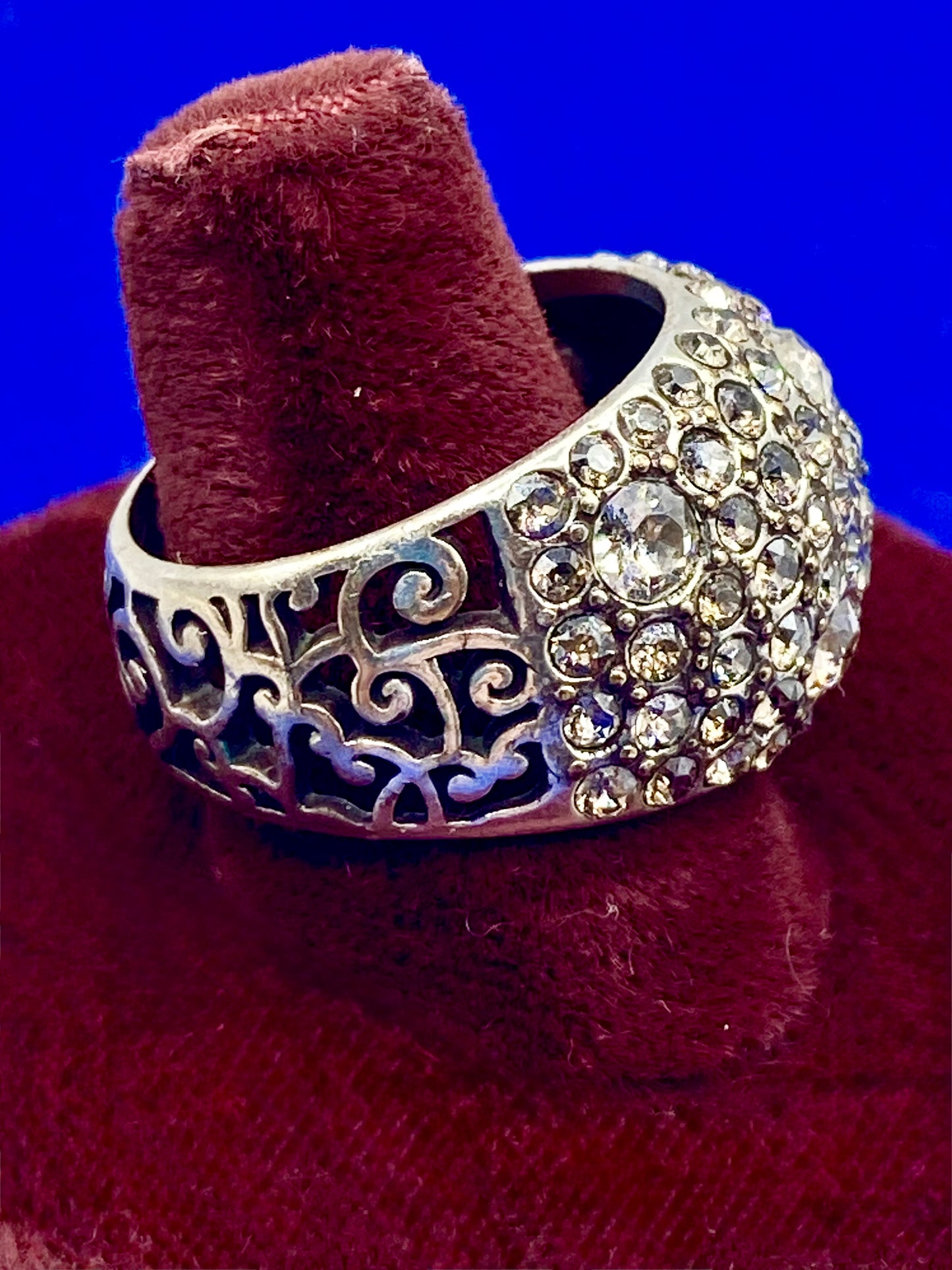 Brighton Silver Tone CZ Open Scroll Dome Ring