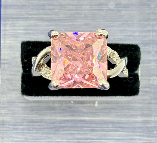 Pink & Clear Glass Silver Tone Costume Ring