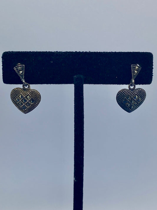 Sterling Silver Marcasite Heart Earrings Dangle Drop Earrings