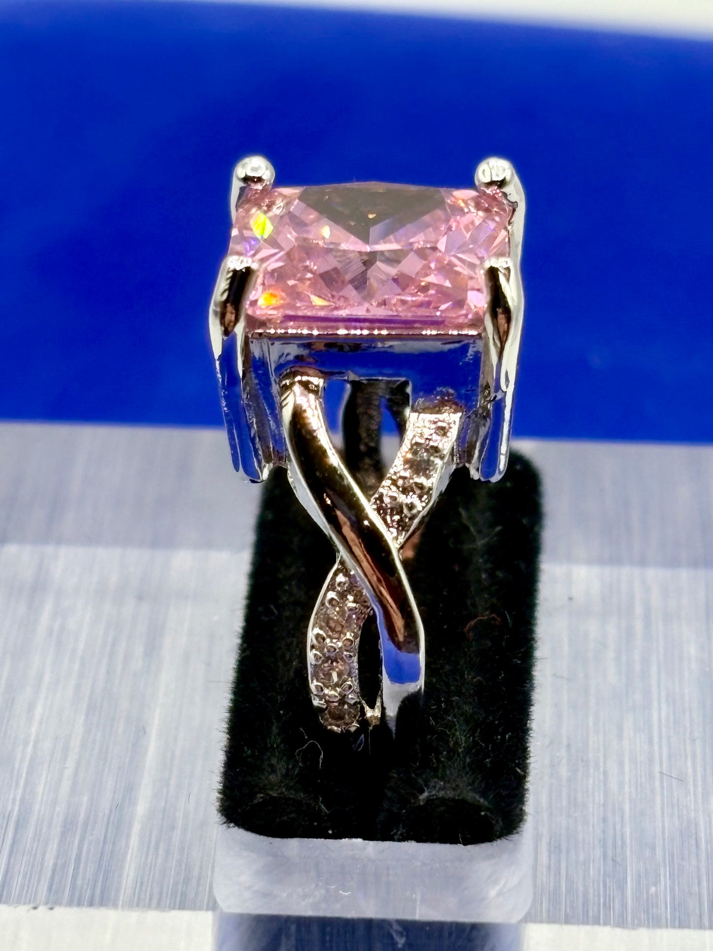 Pink & Clear Glass Silver Tone Costume Ring