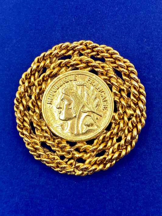 Gold Tone French Coin Brooch