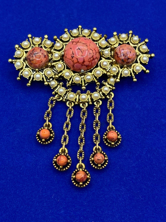 Vintage Hollycraft Coral Gold Tone Brooch