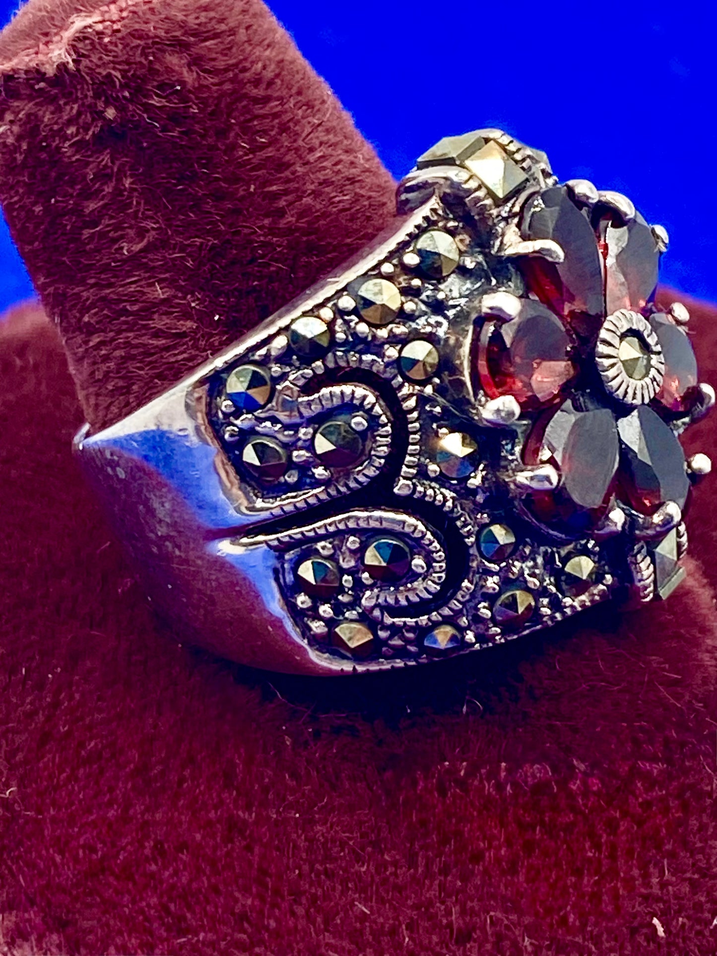 Sterling Silver Marcasite & Garnet CFJ Ring
