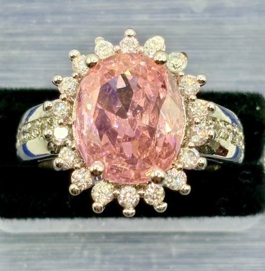 Pink & Clear Glass Silver Tone Costume Ring