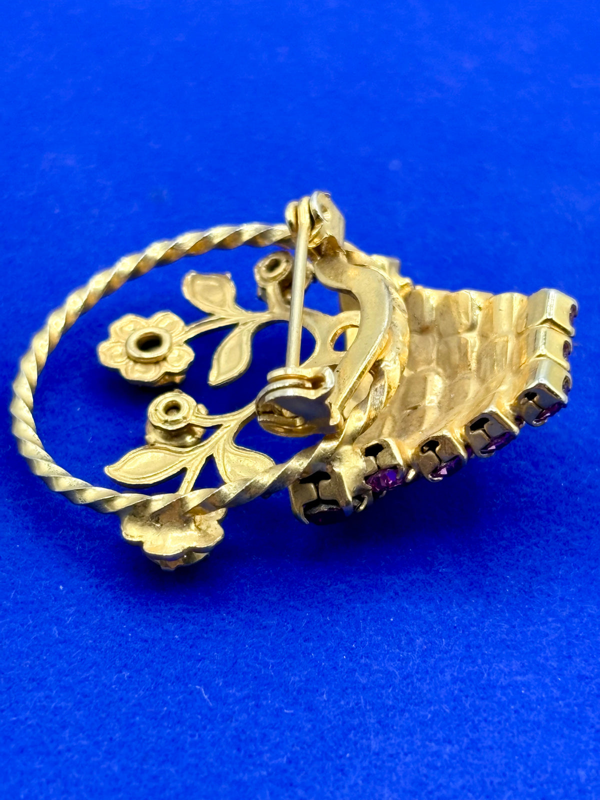 Vintage Rhinestone Flower Basket Brooch w/ Uranium Glass Stone
