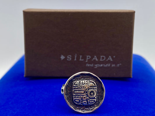 Silpada Retired Sterling Silver Etched Mosaic Coin Disc Ring w/Box